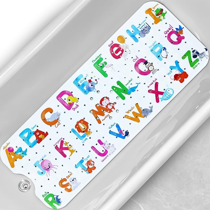 Linoows Baby Bath Tub Mat, Extra Large Non Slip Kids Cartoon Bathtub Shower Mats with Suction Cups & Drain Holes, Machine Washable for Bathroom, 40 x 16 Inch, Alphabet Animals Pattern