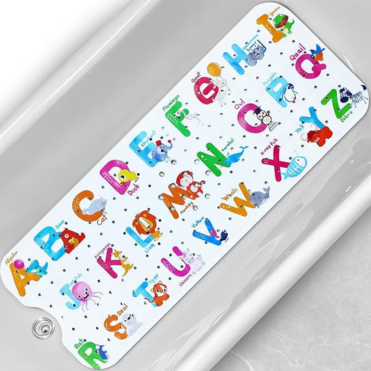 Linoows Baby Bath Tub Mat, Extra Large Non Slip Kids Cartoon Bathtub Shower Mats with Suction Cups & Drain Holes, Machine Washable for Bathroom, 40 x 16 Inch, Alphabet Animals Pattern