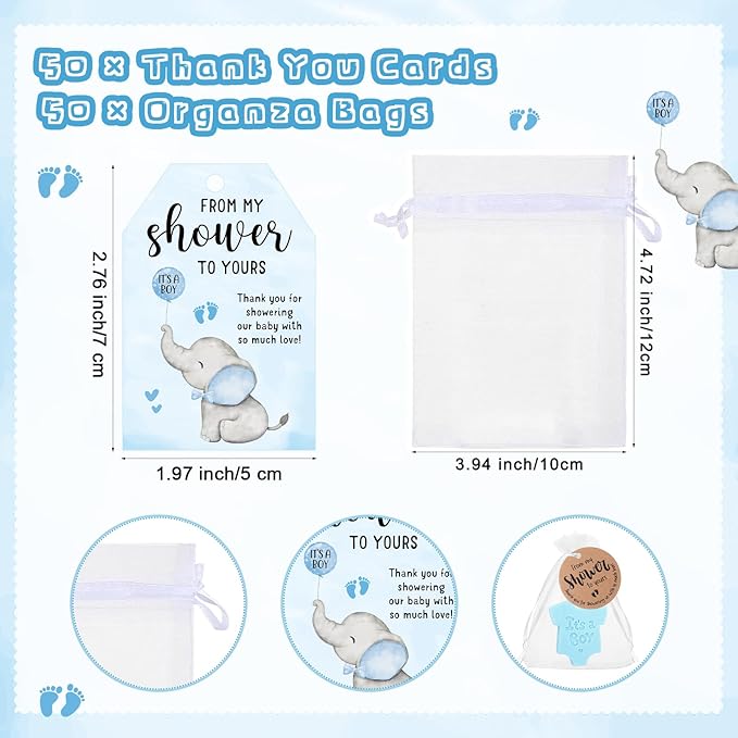 50 Sets Baby Shower Soap Favors for Guests Boy Girl Mini Handmade Scented Soaps with Thank You Tags and Organza Bags for Shower Gender Reveal Party Favors(It's A Boy,Blue Elephant)
