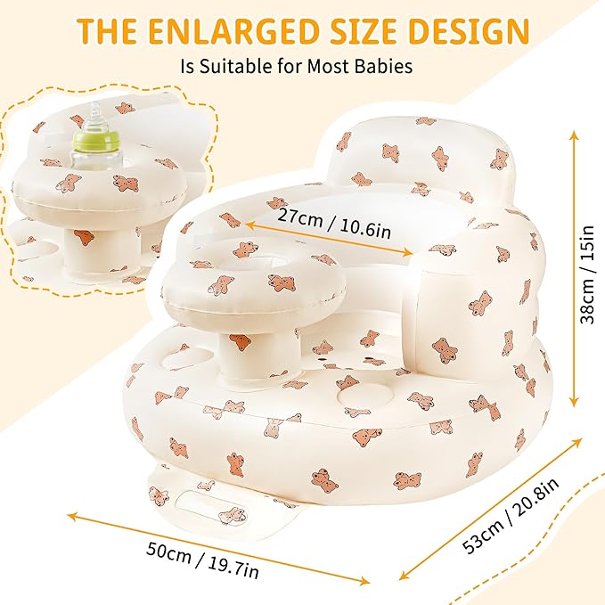 Inflatable Baby Seat with Tray, Comfortable Sit Me Up Baby Chair for Learning to Sit, Built in Air Pump Blow Up Floor Seat with Back Support 3 Months & Up (Biscuit Bear with Tray)