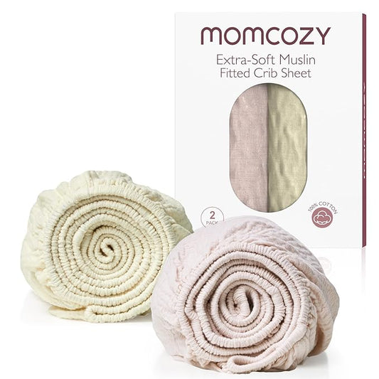 Momcozy Muslin Fitted Mini Crib Sheets, 38"x26", 2 Pack Soft Breathable Natural Cotton Baby Mattress Sheet, 360° Mattress Wrapping No Slip Boys Girls Neutral Toddler Bed Sheet, Beige Blush
