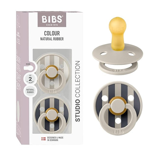 BIBS Pacifiers - Colour Studio 2 Pack | Round Nipple Baby Pacifier | BPA Free Natural Rubber Latex Soother | Made in Denmark | Size 6+ Months | Block Sand