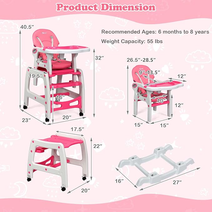 INFANS 5 in 1 Baby High Chair, Convertible Toddler Table Chair Set, Rocking Chair, Multi-Function Seat with Lockable Universal Wheels, Adjustable Seat Back, Removable Trays