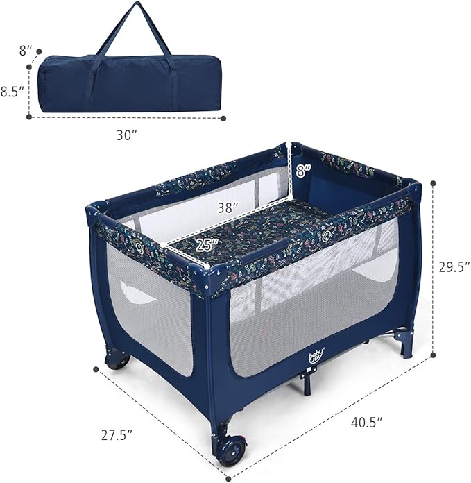 HONEY JOY Pack and Play, Foldable Baby Playard with Bassinet, Lightweight Installation-Free Travel Baby Crib from Newborn to Toddlers, Portable Nursery Center w/Lockable Wheels & Carry Bag(Blue)