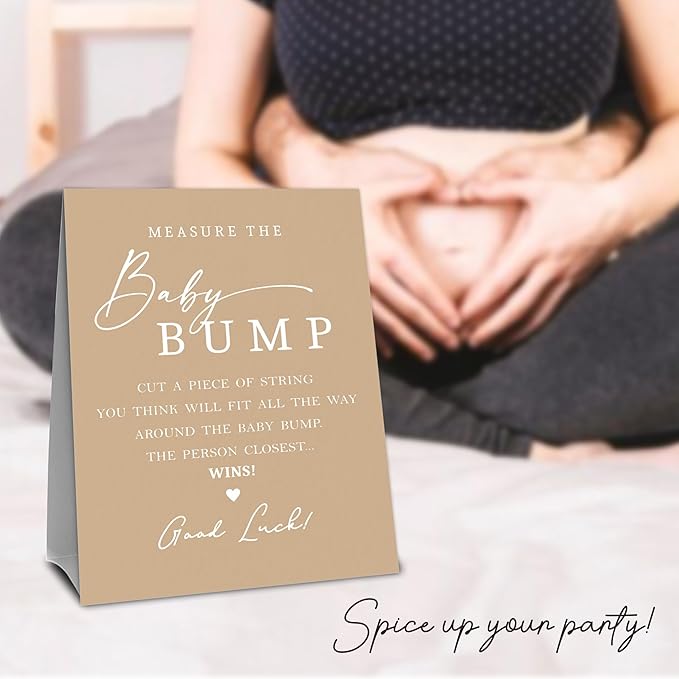 Baby Shower Measure The Baby Bump, Brown Measure Mommy's Belly Game Set - 1 Self-Standing Sign And 50 Tickets - Gender Reveal, Baby Shower, Baby Announcement Activity & Party Favor Supplies - A08