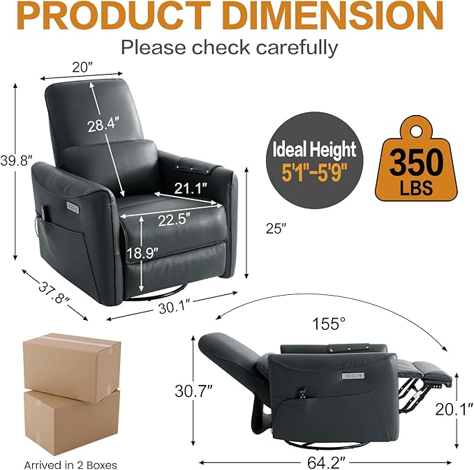 Genuine Leather Modern Electric Swivel Glider Power Recliner Chair with USB and Type-C Ports for Living Room, Power Lift Function, Grey