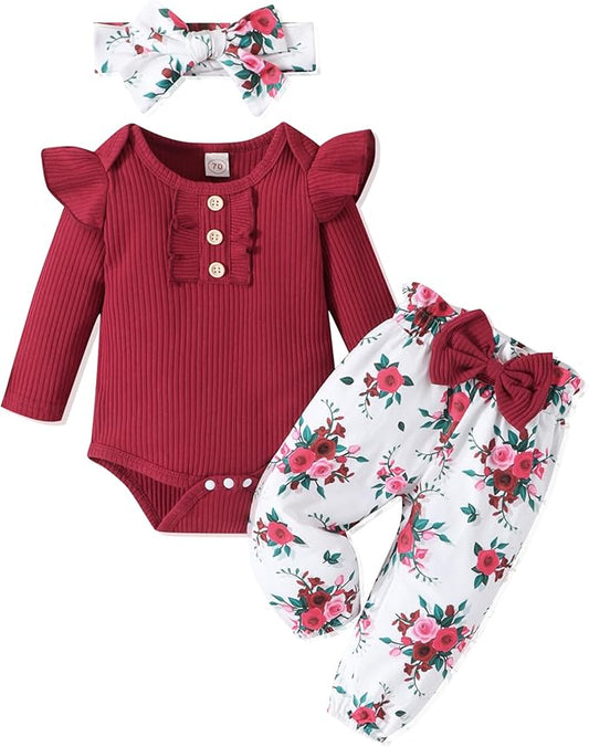 Baby Girl Clothes Newborn Infant Outfits Ruffle Romper+ Floral Pants + Cute Headband Sets for Girls