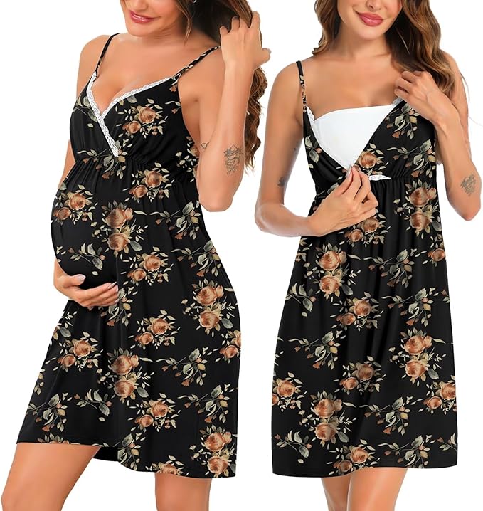 SWOMOG Womens Maternity Robe 2 Piece Nursing Nightgown for Breastfeeding 3 in 1 Labor Delivery Nursing Dress Lace Bathrobe