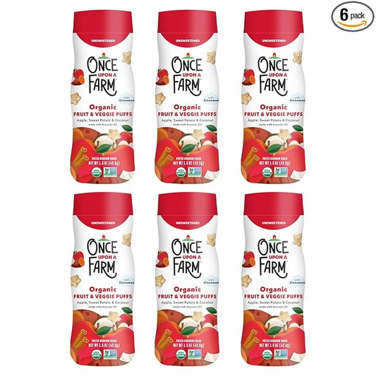 Once Upon A Farm Apple, Sweet Potato & Coconut Puffed Sorghum Snack, Fruit & Veggie Puffs, Non GMO, 1.5 Ounces (Pack Of 6)