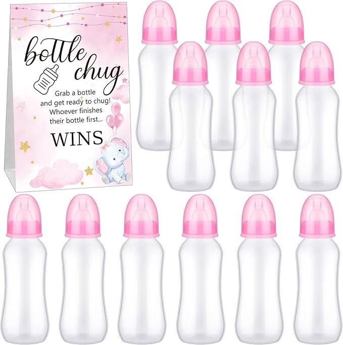 TrelaCo Cool Baby Shower Games Sets 12 Pcs Feeding Bottles with 1 Bottle Chug Sign for Gender Reveal Baby Shower Party Favors Decoration Games(Elephant,Pink)