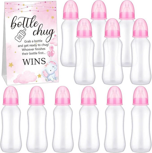 TrelaCo Cool Baby Shower Games Sets 12 Pcs Feeding Bottles with 1 Bottle Chug Sign for Gender Reveal Baby Shower Party Favors Decoration Games(Elephant,Pink)