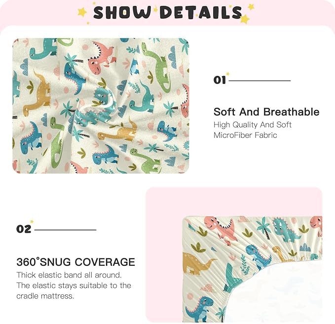Various Dinosaur Crib Sheets for Neutral Bassinet Play Sheets,Sheets Toddler Bed Sheets for Baby Boys Girs 39 * 27 * 5in