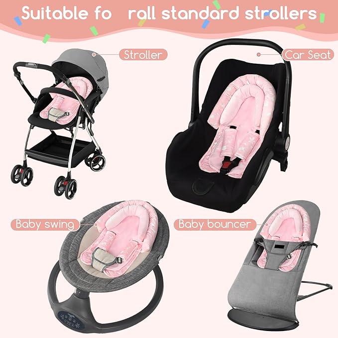 Infant Car Seat Insert & Strap Cover for Baby Girls, 2 in 1 Carseat Head Support Newborn, Ultra Soft Car Seat Cushion for Babies, Plush Fabric, Fit for Swing, Car Seat, Stroller, Bouncer, Pink