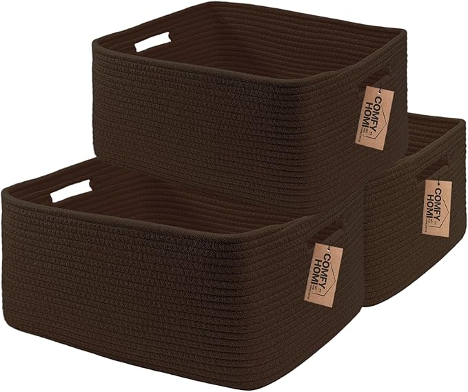COMFY-HOMI 3 pcs Large Storage Baskets for Shelves, Laundry Basket, Woven Rope Basket, Closet Organizer Bins for Clothes Blanket Towels, Baby Nursery, Gift Toy Baskets, 17” x 13” x 7.5”-dark brown