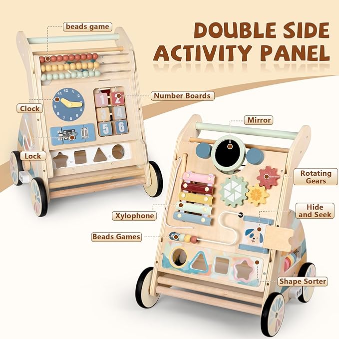 Wooden Baby Walker, Detachable Double-Sided Busy Board, Baby Walking Toys Push Walkers for Babies 6-12 Months