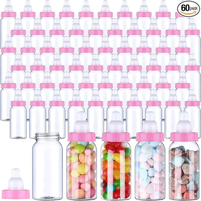 60 Pcs 4.5 Inch Baby Mini Milk Bottle Baby Shower Favor Fillable Feeding Bottle Candy Box Small Plastic Candy Container DIY Gift for Boy Girl Newborn Baptism Party Decor (Pink)