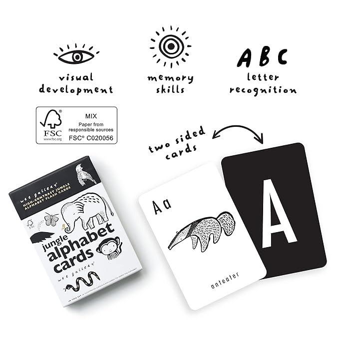Wee Gallery Educational Flashcards for Babies, Double Sided Black and White Learning Flash cards, Jungle Animal Alphabet Cards for Visual Stimulation and Cognitive Development of Infants and Toddlers