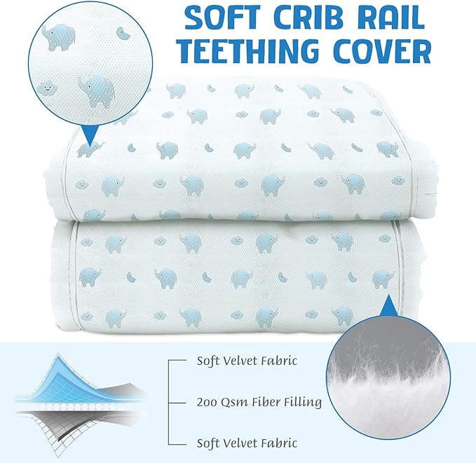 3 in 1 Crib Rail Covers for Teething,Soft Breathable Anti-Collision Crib Teething Rail Cover Edge Protector Strip（2025 New） (White-elepants)