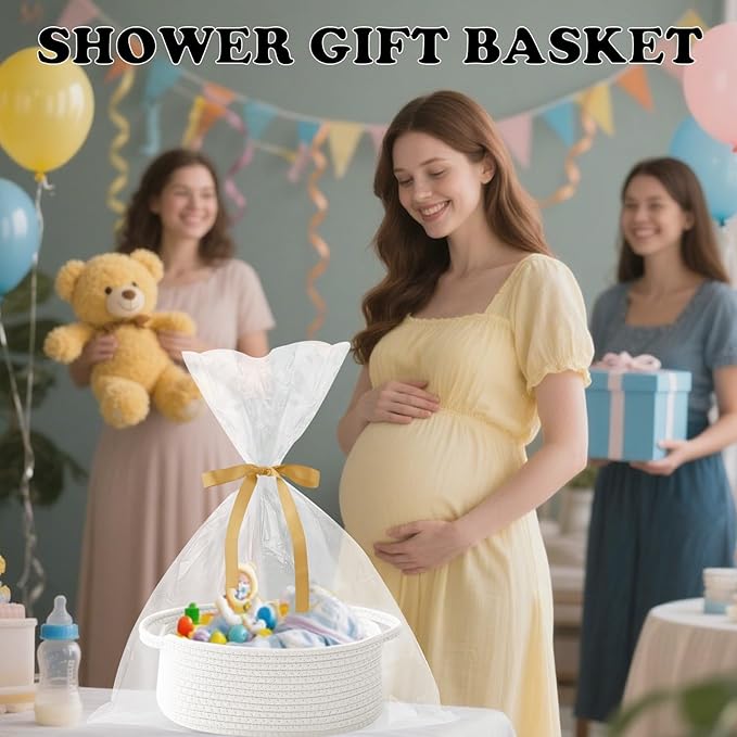 3 Pack Gift Basket with Gift Bag and Ribbons,Small Rope Woven Shelf Storage,Baskets for Gifts Empty,Birthday,Shower,Decorative Organizer Box for Cat Dog Pet with Handles(White)