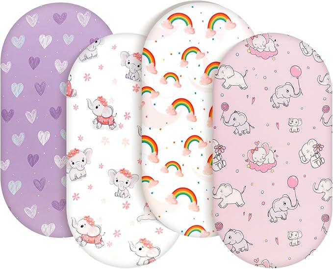 4 Pack Baby Girl Bassinet Sheets Set Soft Fitted Floral or Elephant Theme Baby Girl Mattress Covers Breathable Toddler Bed Sheets for Infant or Newborn Girls (Elephant, Bassinet Sheets)