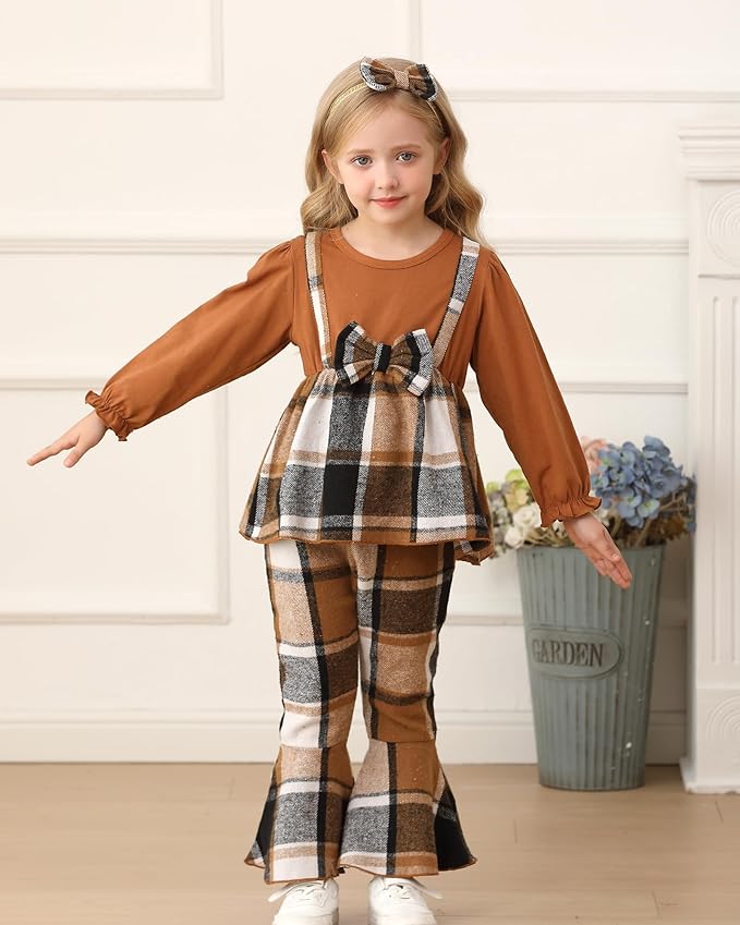 Kucnuzki Toddler Baby Girl Clothes Outfit Long Sleeve Plaid T Shirt Top Flare Leggings Pants 2 Piece Outfit Kids Clothes