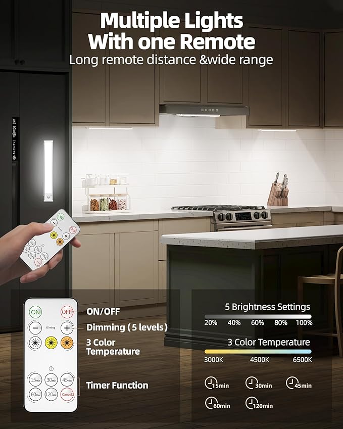 74LED Rechargeable Under Cabinet Lighting Wireless,2Pack Motion Sensor Light Indoor Battery Operated,3 Color Temps&Dimmable Closet Lights with Remote,Under Counter Lights for Kitchen,Stairs