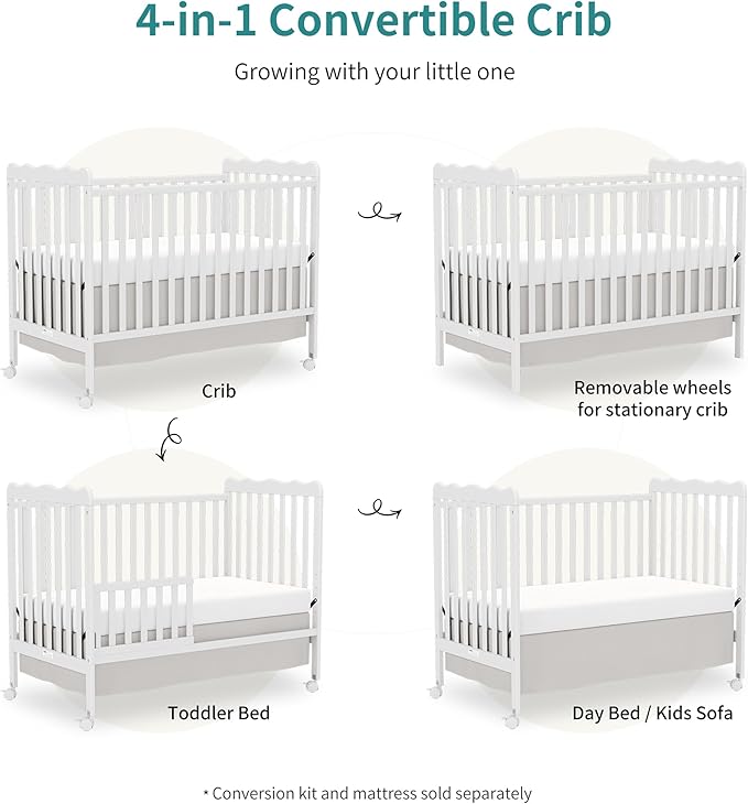 4 in 1 Convertible Baby Crib, Wooden Nursery Cribs Converts into Toddler Bed and Daybed, 3 Adjustable Base, Non-Toxic Finishes, Removable Wheels (White)