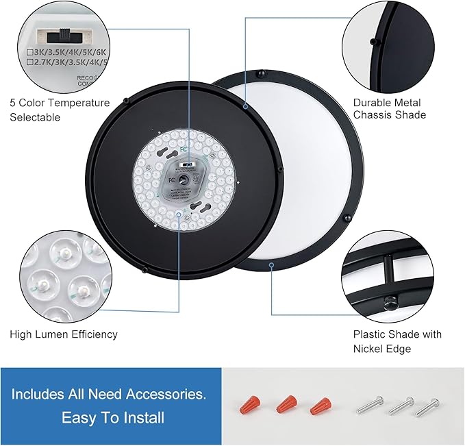 DLLT 2Pack Flush Mount LED Ceiling Light: 10 Inch 5CCT (3000K-6000K) & Dimmable Ceiling Light Fixtures for Bedroom Hallway - 18W Modern Black 1600LM Super Bright Kitchen Lighting Fixtures Ceiling