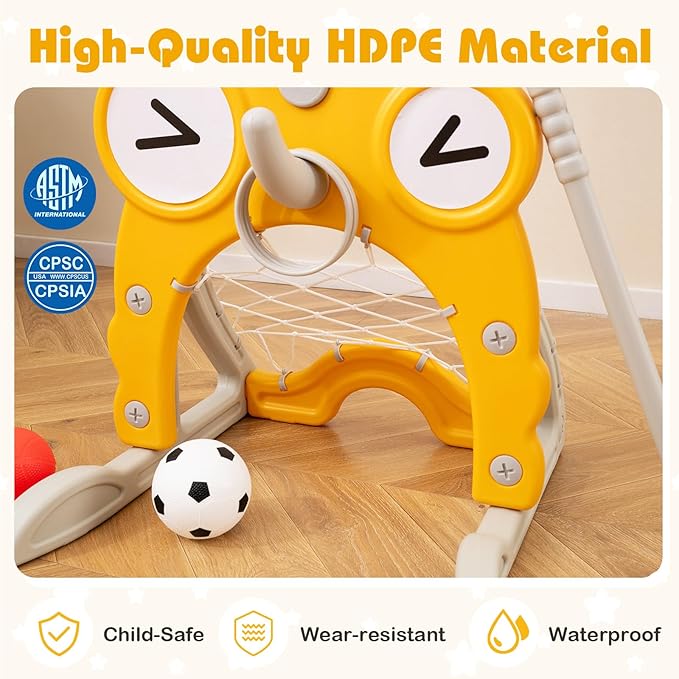 Costzon Toddler Basketball Hoop, 4-in-1 Kids Sports Activity Center with Rim, Soccer Goal, Golf, Ring Toss, Height Adjustable Kids Basketball Hoop with Fillable Base for Indoor Outdoor (Yellow Deer)