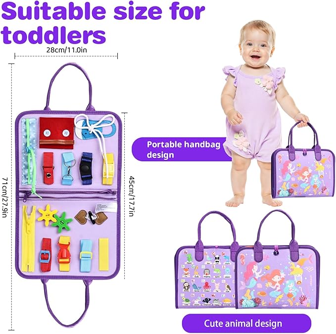 Busy Board Montessori Toys for Toddlers 1-3, Birthday Gifts for 1 2 3 4 Year Old Girl, Autism Sensory Travel Toy, Educational Activity Book Board for Learning Fine Motor Skills Toys, Purple