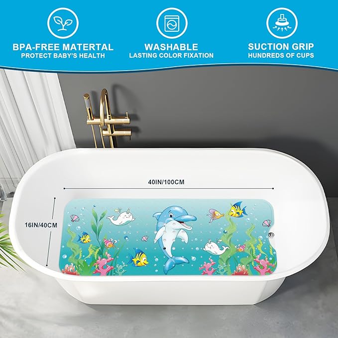 XIYUNTE Baby Bath Mat for Tub Non Slip Kids Bath Mat - 40''x16'' Extra Long Cartoon Dolphin Baby Bath Tub Mat Eco-Friendly Toddler Bath Mats with Suction Cups & Drain Holes Easy to Clean & Easy Drying
