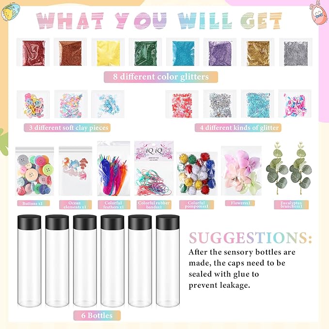 6 Pcs Sensory Bottles Kits for Kids 400 ml Plastic Bottles with Lids Glitter Sequins Accessories Seasons Containers for Relieving Toddlers 1-3 Kids Calm Down Anxiety Disturbed