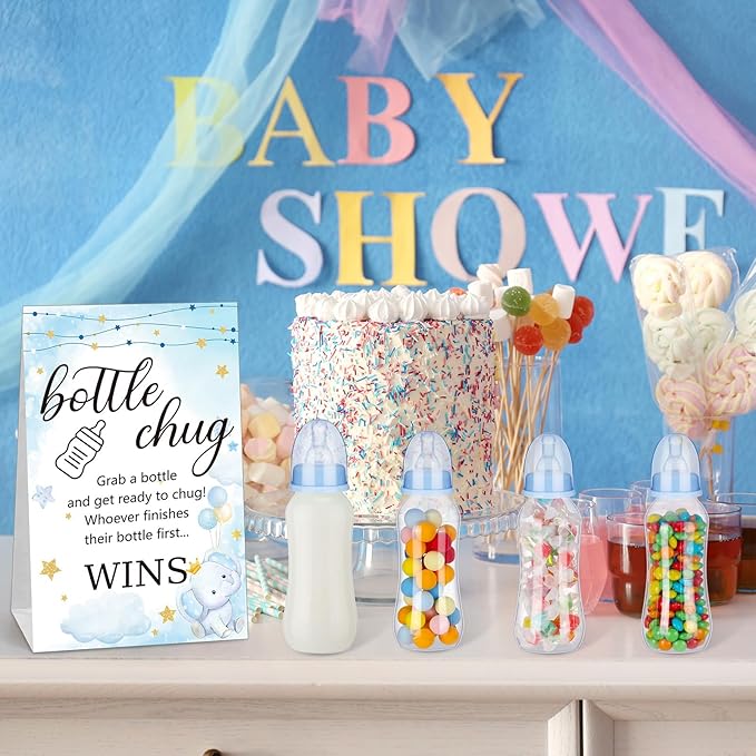 TrelaCo Cool Baby Shower Games Sets 12 Pcs Feeding Bottles with 1 Bottle Chug Sign for Gender Reveal Baby Shower Party Favors Decoration Games(Elephant,Blue)