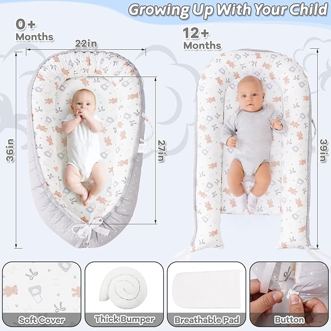 ALINUX Baby Lounger for Newborn 0-24 Months,100% Cotton Baby Lounger Cover, Suitable for Babies Aged 0-24 Months,Grey