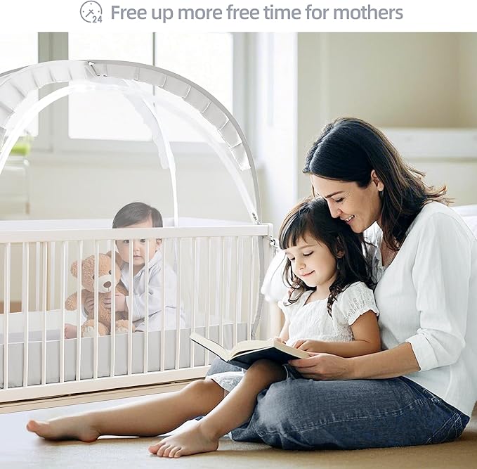 Lazyzzzz Baby Crib Tent - Pop Up Crib Canopy with Double Zipper Self-Locked,1200 Holes/Inch Mesh Crib Net to Keep Baby from Climbing Out, Portable Easy Install 55" L x 27" W x 51" H White