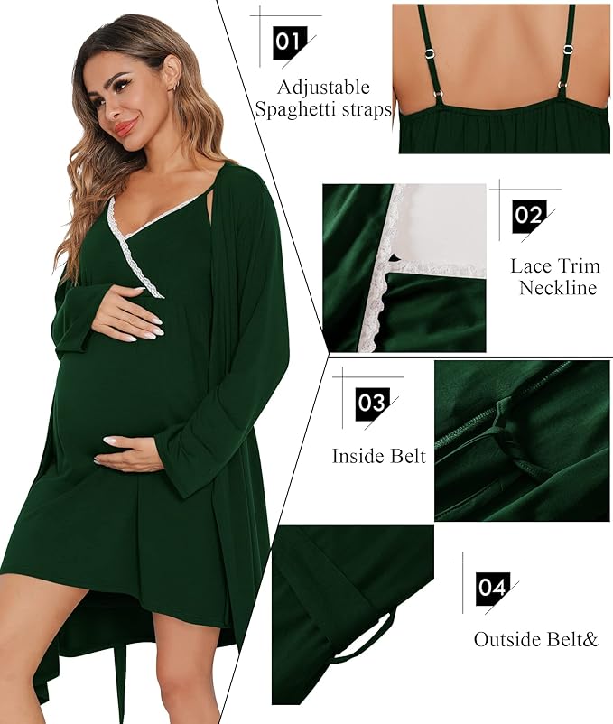 SWOMOG Womens Maternity Robe 2 Piece Nursing Nightgown for Breastfeeding 3 in 1 Labor Delivery Nursing Dress Lace Bathrobe