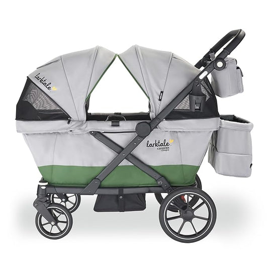 Larktale Caravan Coupe Quad, Compact Stroller Wagon with Reclining Seats for 4 Kids, Gray/Green