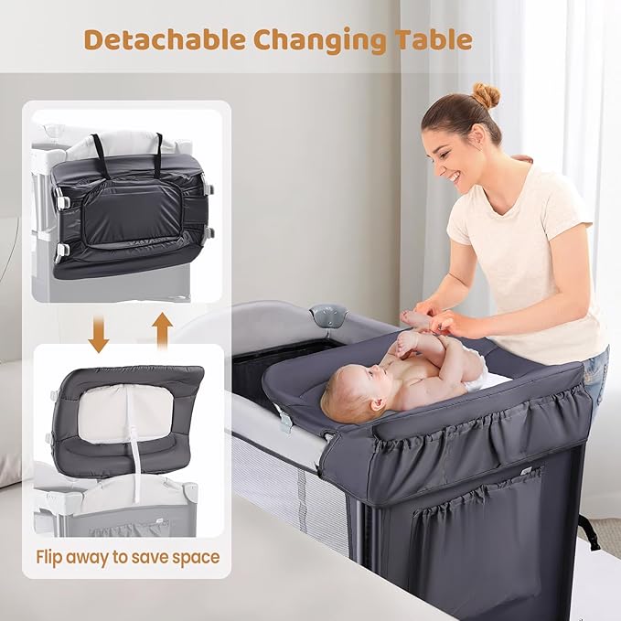 JOYMOR Pack and Play with Changing Table, 5-in-1 Portable Baby Bedside Bassinet with Storage, Travel Crib with Carry Bag, Compact Fold (Gray)