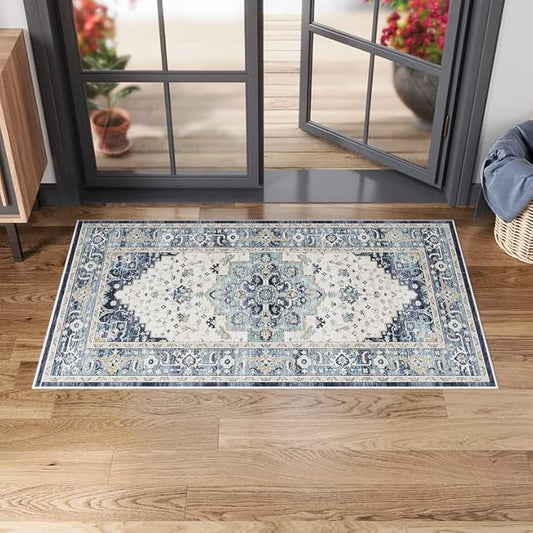 Dripex Vintage Washable Area Rug - 2x4 Indoor Door Mat Oriental Medallion Accent Throw Rug Distressed Foldable Non-Slip Low-Pile Bathroom Kitchen Rug for Entryway Laundry Room Living Room Bedroom