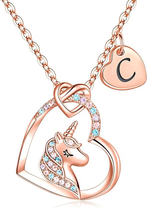 Hidepoo Unicorn Necklace Gifts for Girls Daughter - Colorful CZ Heart Pendant Initial Unicorn Necklaces for Girl Teens Little Girls Jewelry Birthday Gift
