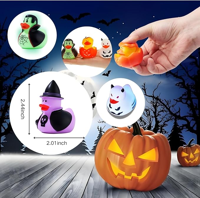 12PCS Halloween Light up Rubber Duck Glow in The Dark Pumpkin Skeleton Spider Bat Witch Duck Bathtub Toy for Kid Halloween Party Favor