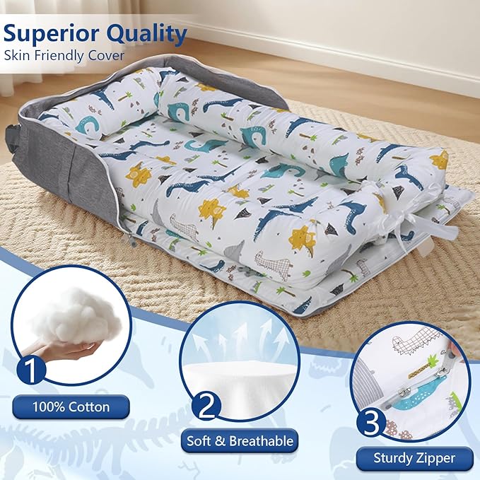 Baby Lounger for Newborn to Toddler 0-24 Months - Portable Infant Lounger with Breathable Cotton, Adjustable Size & Lengthen Space Travel Strap for Home, Outdoor (2. Dinosaur)