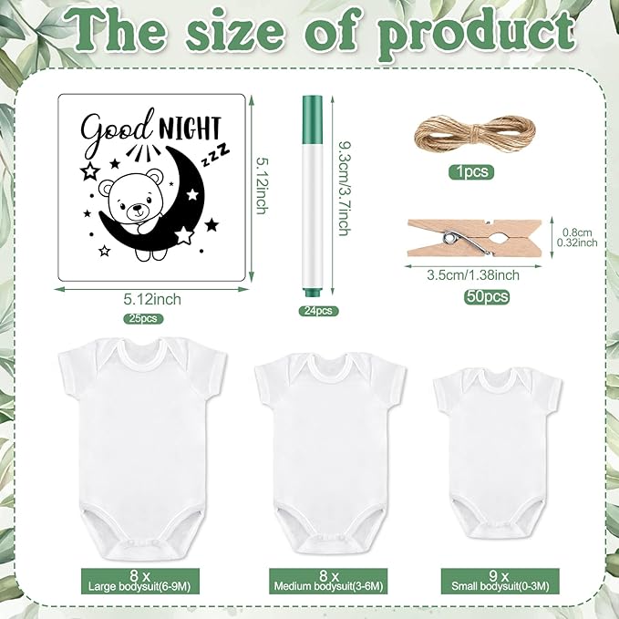 Panitay 126 Pcs Baby Shower DIY Bodysuit Set Rustic Kraft Baby Shower Game Sign DIY Bib 25 Blank White Newborn Bodysuit 25 Stencils 24 Marker 1 Sign 50 Pins for Gender Reveal(Greenery)
