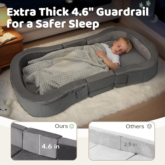 ENITYA Toddler Travel Bed, Foldable Floor Cot with Washable Cover for Travel, Camping, Home, Portable Crib for Kids Aged 18M–5Y, Easy to Use, Kids Cot for Sleeping, Grey