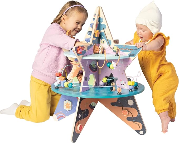 Manhattan Toy Double-Decker Celestial Star Explorer Wooden Activity Center with Shape Gliders, Spinners, Bead Runs and Alluring Artwork