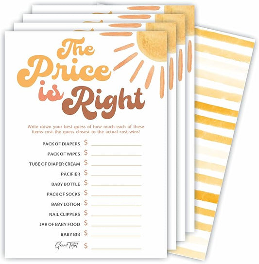 The Price is Right Game Kits for Baby Shower - 30 Double-Sided Fill in Watercolor Sunshine Style Game Cards for Gender Reveal, Baby Announcement, Party Favor & Supplies - C12