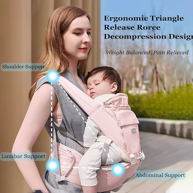 Baby Carrier, 3-in-1 Baby Carrier Newborn to Toddler with Hip Seat (Ergonomic M Position) for 0-36 Month/7-45lbs, Adjustable Size for Enhanced Lumbar Support, Perfect for On-The-go, Pink
