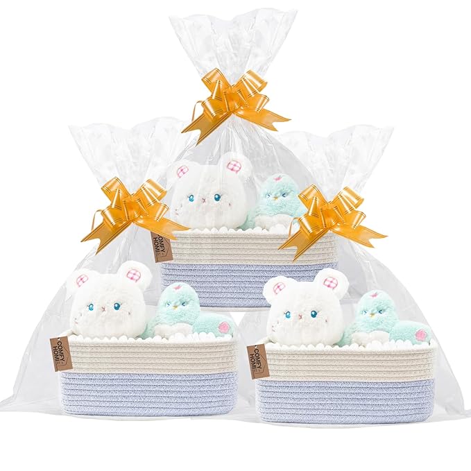 COMFY-HOMI 13" x 8.5" x 5.1" Storage Baskets for Organizing | Cotton Rope Woven Basket | Toy Storage Bin Box | Basket for Shelves, Closet Organizer Bin, Decorative Closet Shelf, 3 Pack, white/bule