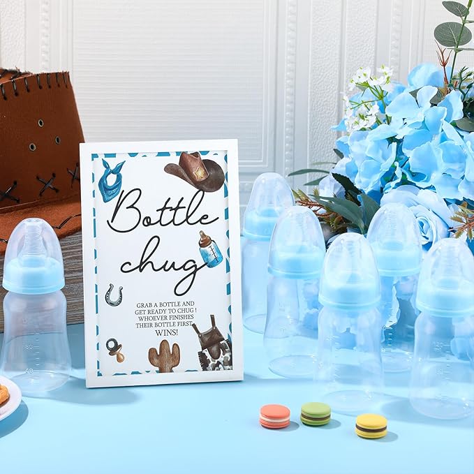 Roowest Bottle Chug Baby Shower Game Sign Wooden Game Table Decor 18 Pcs Baby Bottles 120 ml Mini Milk Bottles Baby Bottles for Baby Shower Game Gender Reveal Party (Blue,Cowboy)