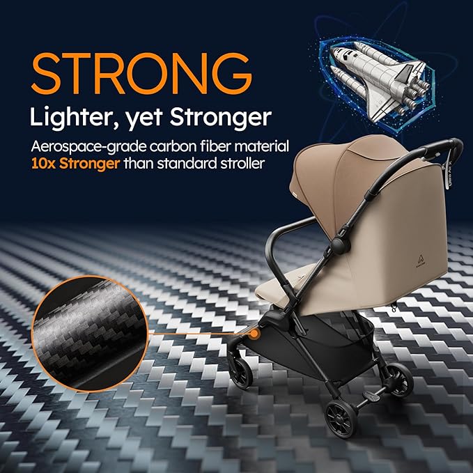 Lightweight Baby Strollers for Airplane, Ultra-Compact Travel Stroller, Light & Strong Portable Toddler Stroller with Carbon Fiber Frame and UPF 50+ Waterproof Canopy, Only 9.9 lbs, Brown